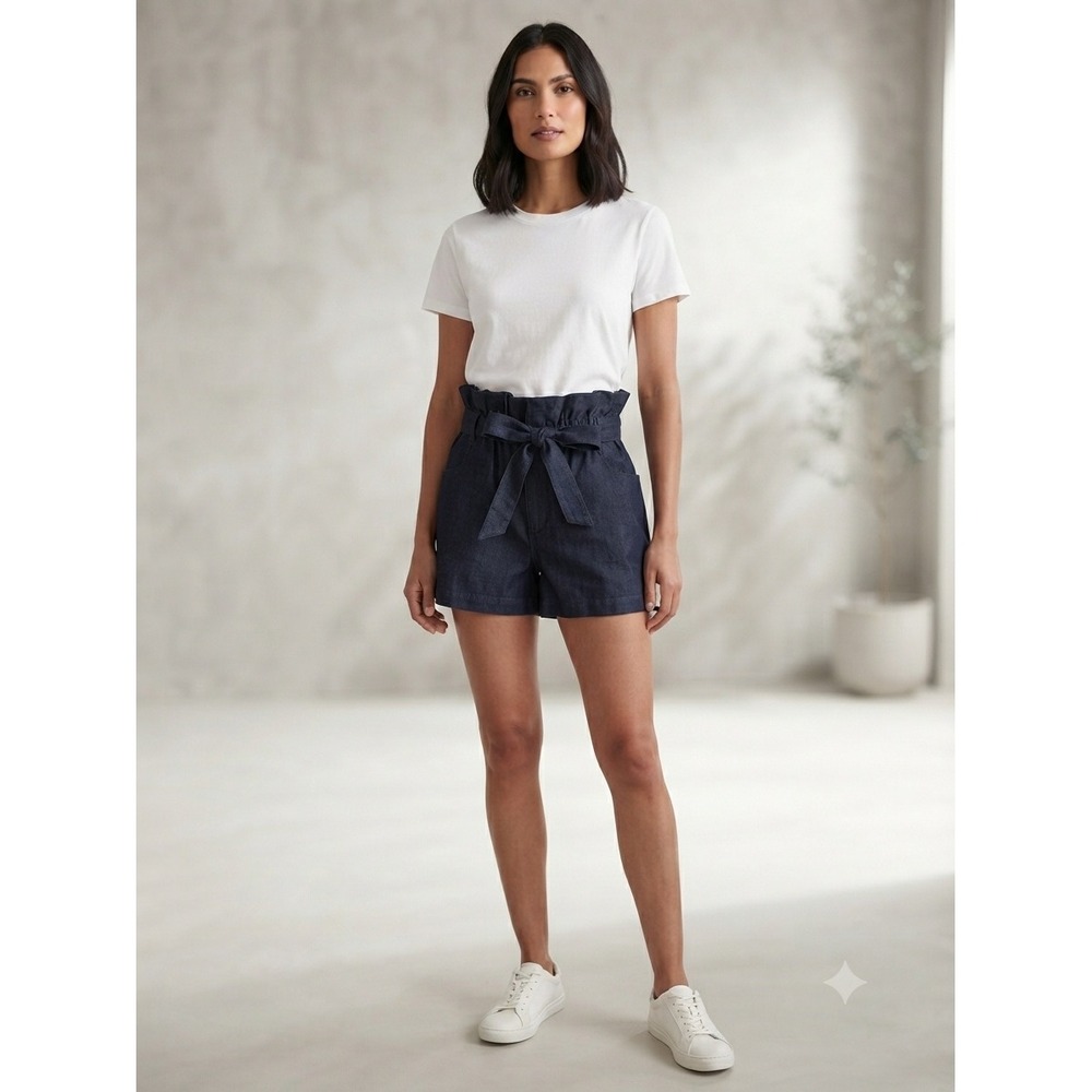 Choosy Shorts Women XS Blue 1902SH06 Paperbag Waist Denim Tie‎ Belt Casual New